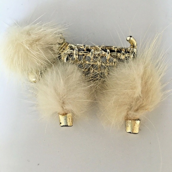 Vintage Poodle Brooch Real Fur Rhinestone Collar & Eye Gold Tone Mid Century 50s - Picture 1 of 5